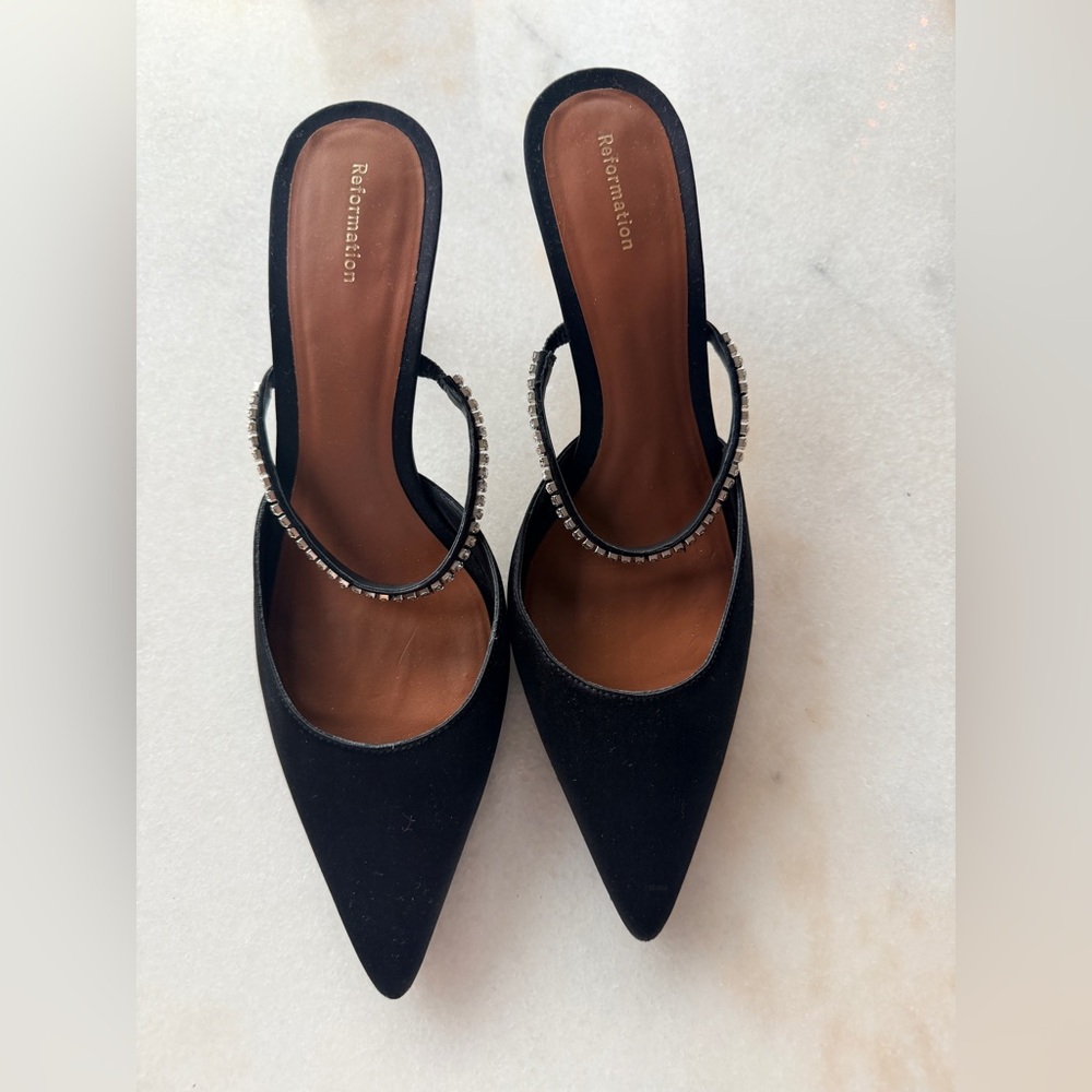 Reformation Satin Black 3inch Heels with Crystal Strap- worn a few times 9.5
